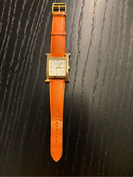 Hermes Orange Leather H Hour Watch with Gold Tone Case